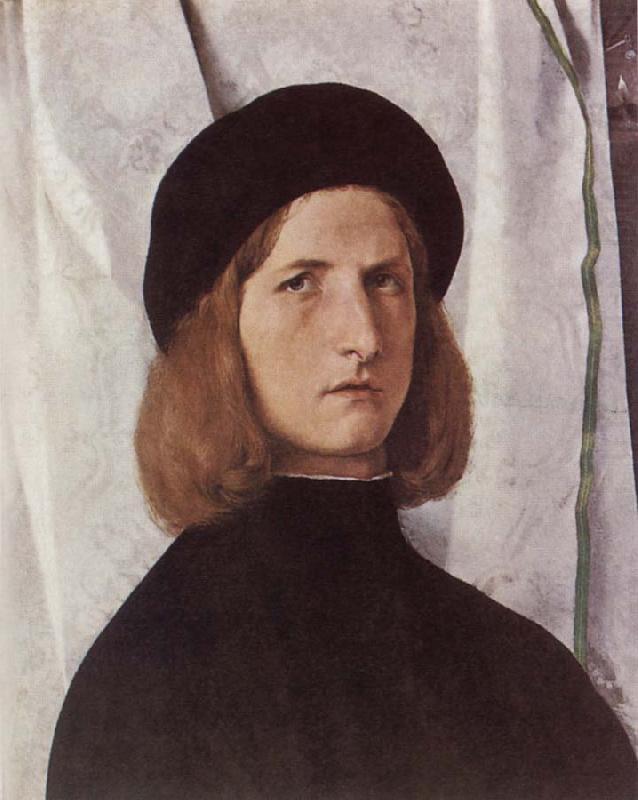 Portrat of a young man before a woman curtain, Lorenzo Lotto